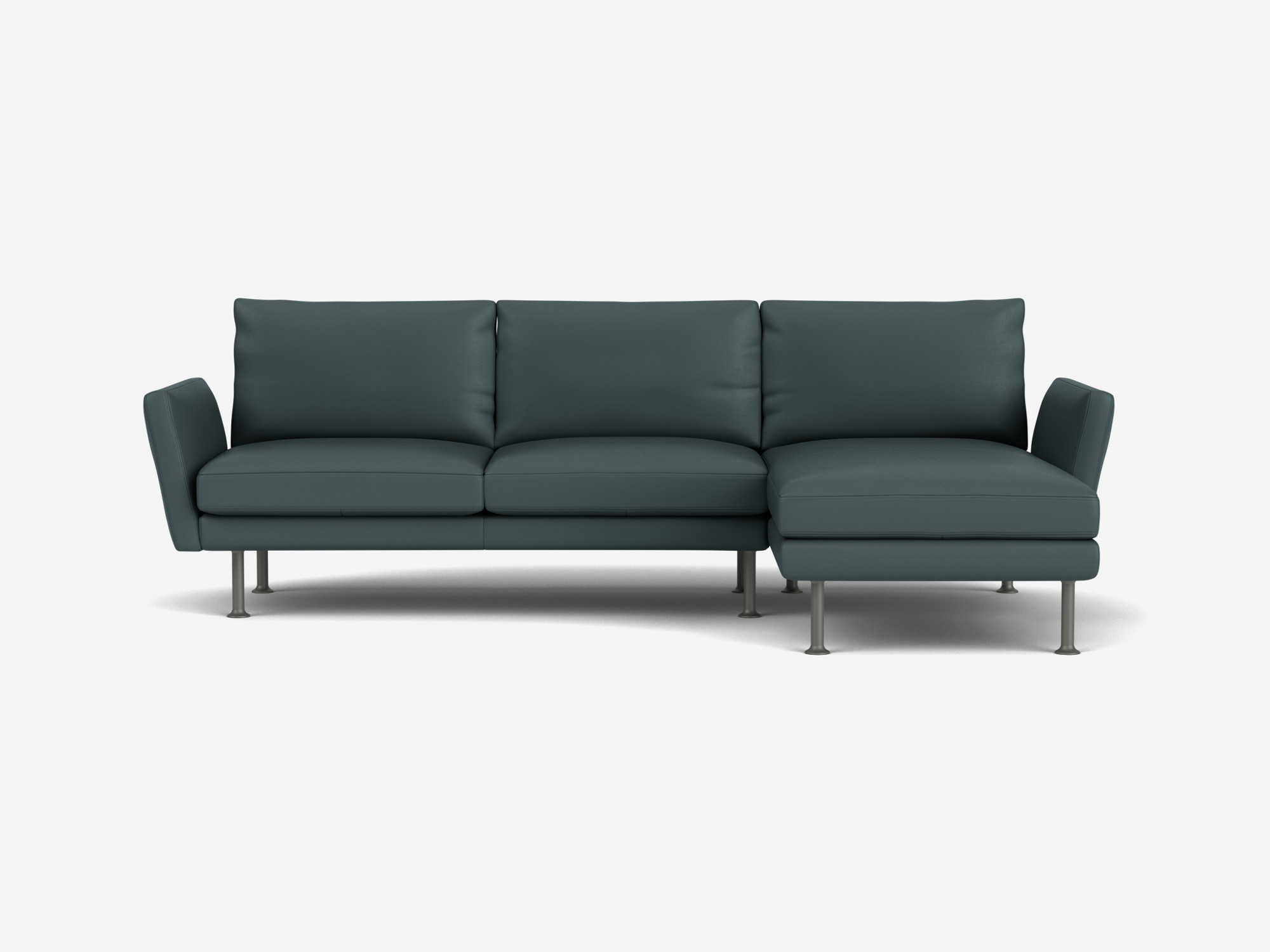 Front view of blue leather sectional sofa with low arms and right facing chaise